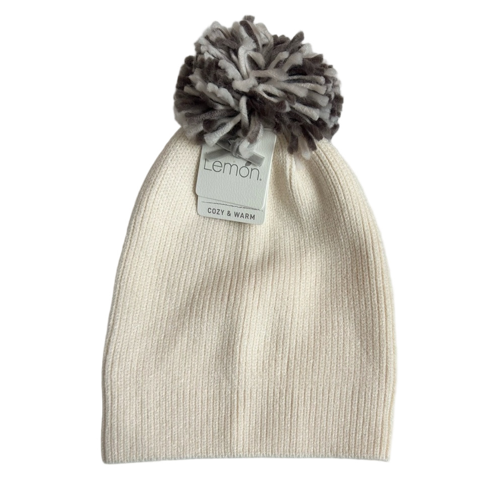 Lemon Woman’s Off White Grey Pom Pom Winter Hat NWT